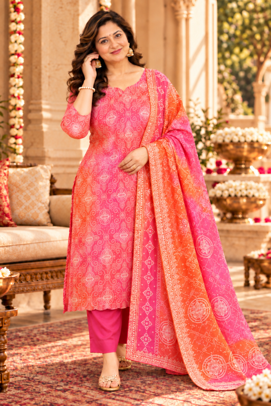 Gulabi Phagun Bandhej Suit Set