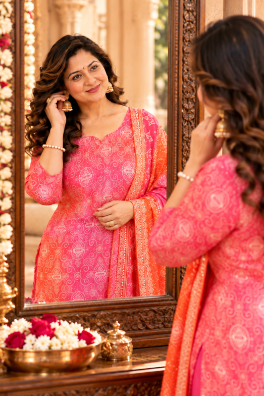 Gulabi Phagun Bandhej Suit Set