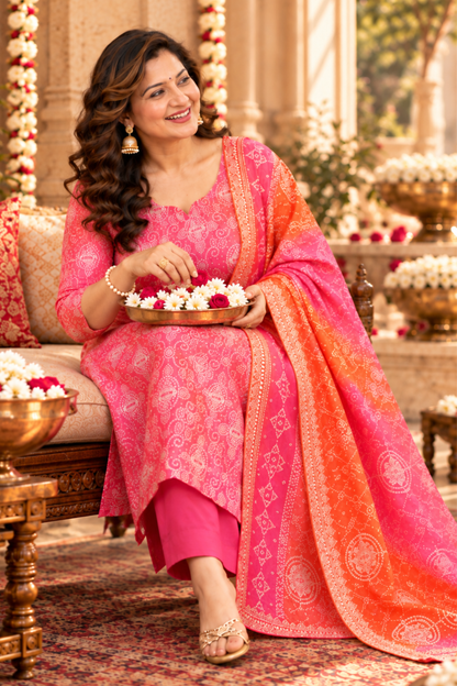 Gulabi Phagun Bandhej Suit Set