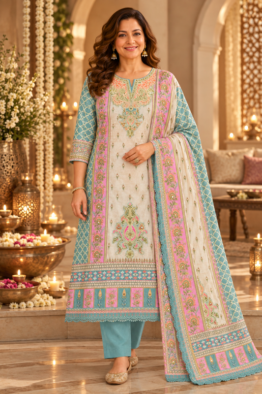 Gulnaar Ivory Muslin Suit with Mirror Work
