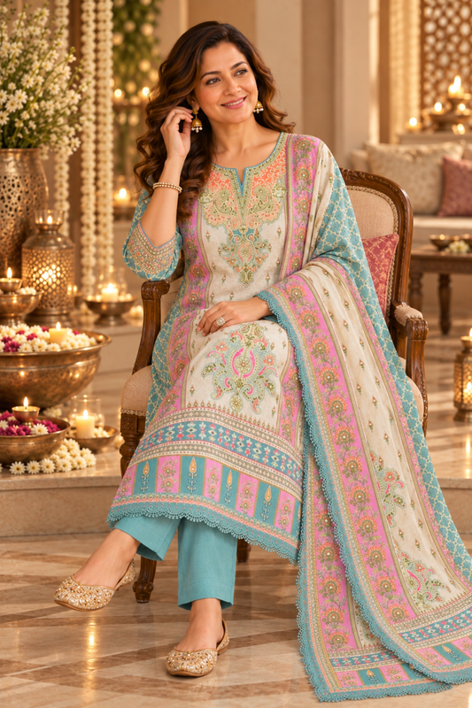 Gulnaar Ivory Muslin Suit with Mirror Work
