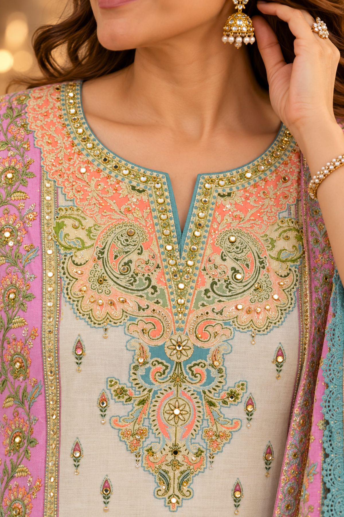 Gulnaar Ivory Muslin Suit with Mirror Work