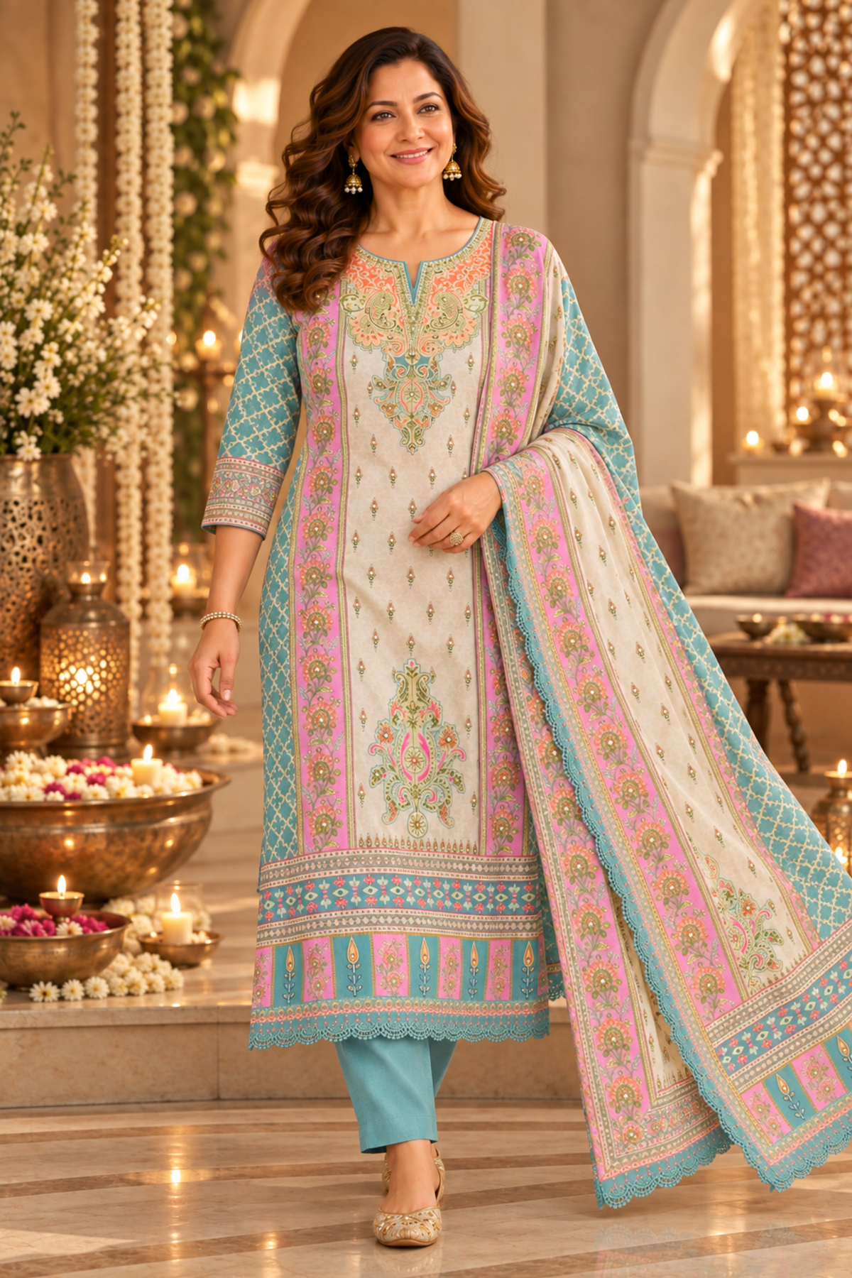 Gulnaar Ivory Muslin Suit with Mirror Work