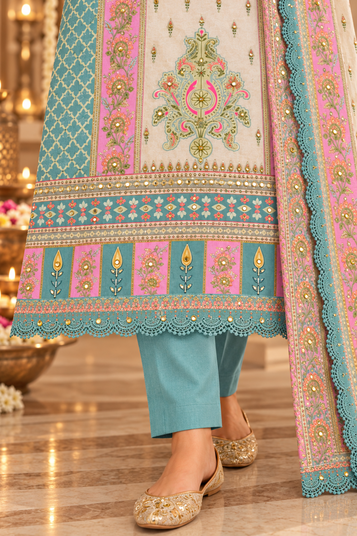 Gulnaar Ivory Muslin Suit with Mirror Work