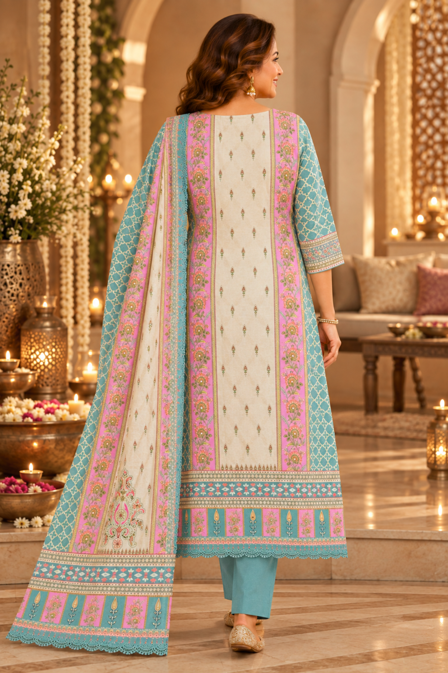 Gulnaar Ivory Muslin Suit with Mirror Work