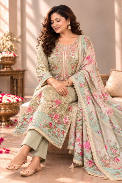 Gulnaar Karachi Muslin Suit With Aari Work