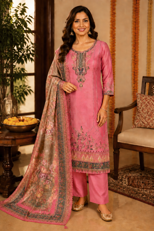 Gulnoor Karachi Muslin Dress Material with Aari Work