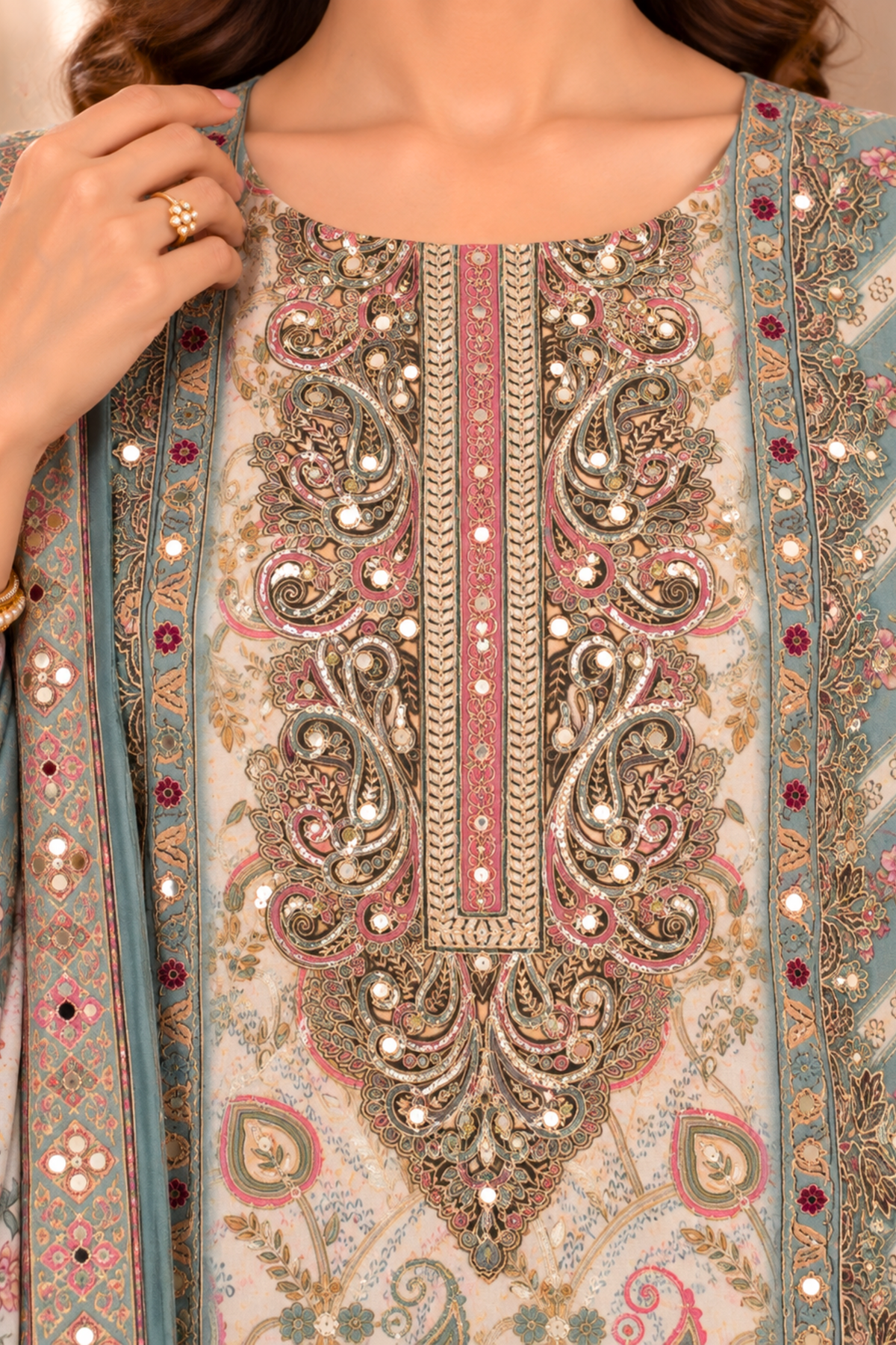 Shehnaz Karachi Muslin Suit With Aari Work
