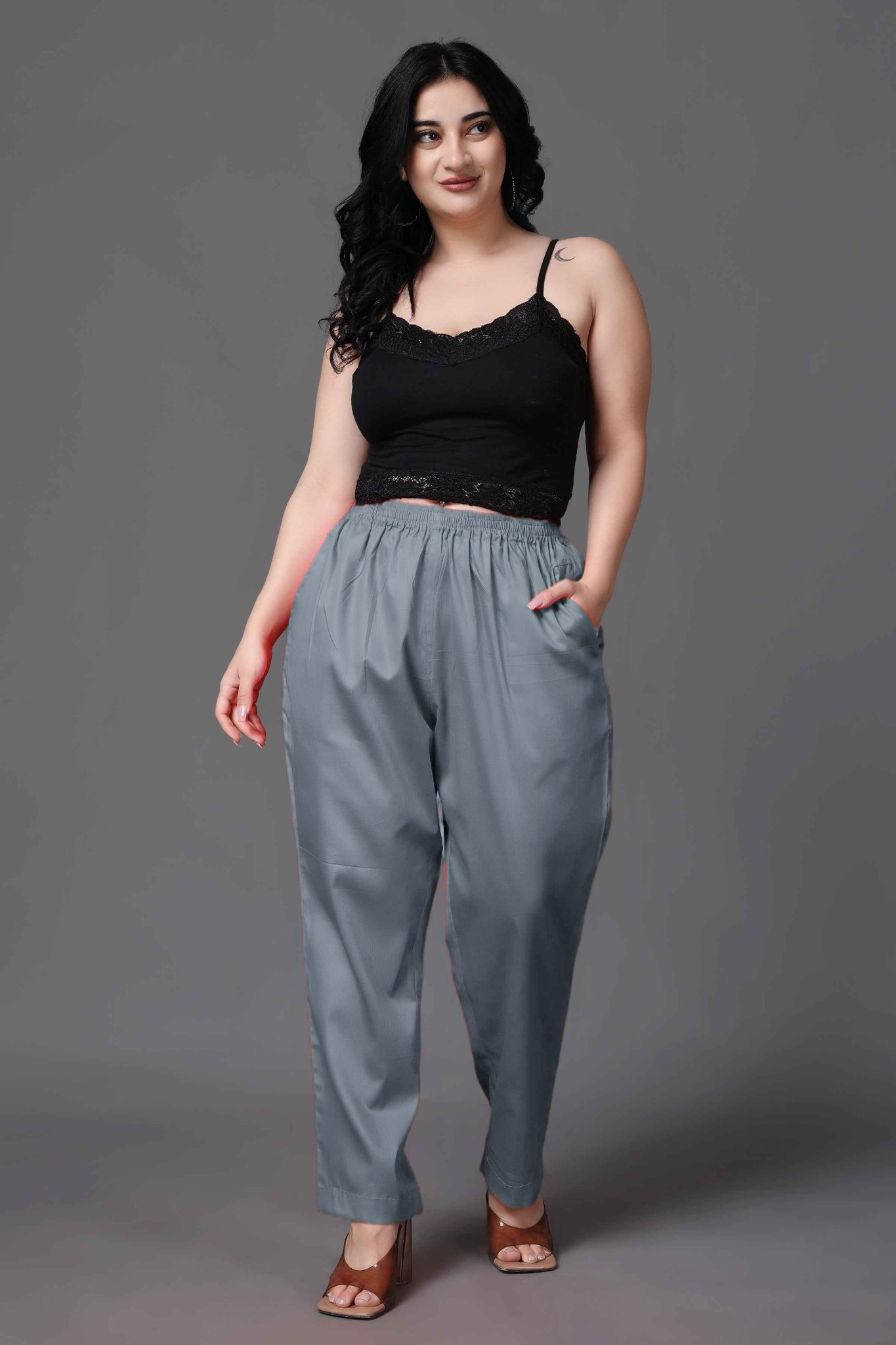 Dark Grey Cotton Metallic Pant Palazzo
