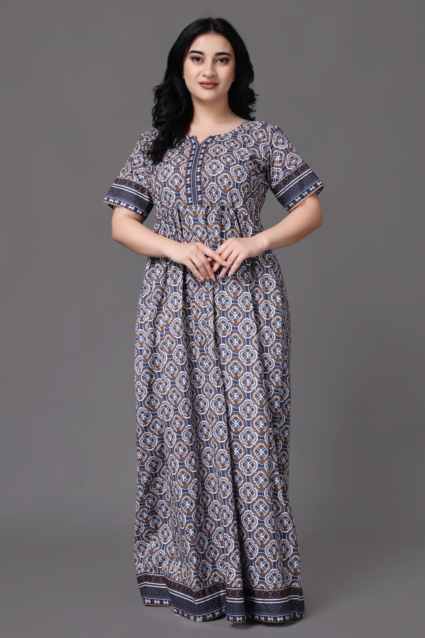 Blue Bordered Rayon Night Gown
