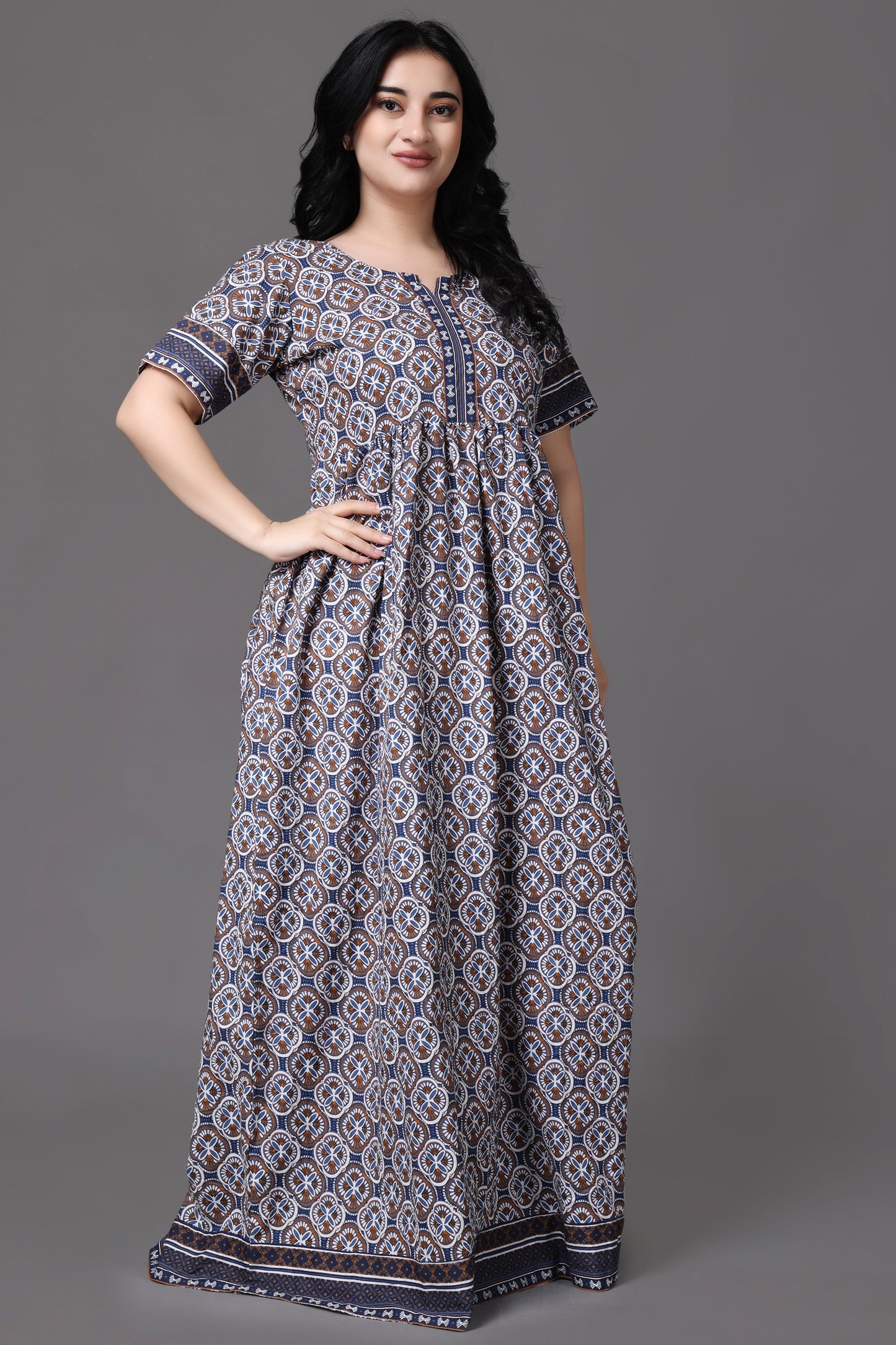 Blue Bordered Rayon Night Gown