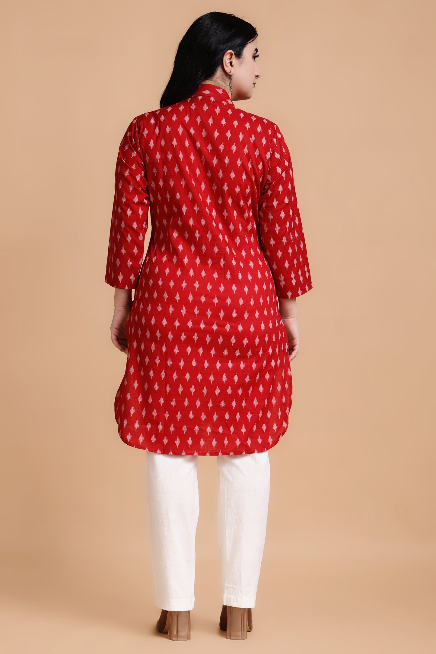 Woman Plus Size Deep Red Cotton Ikat Kurta Media