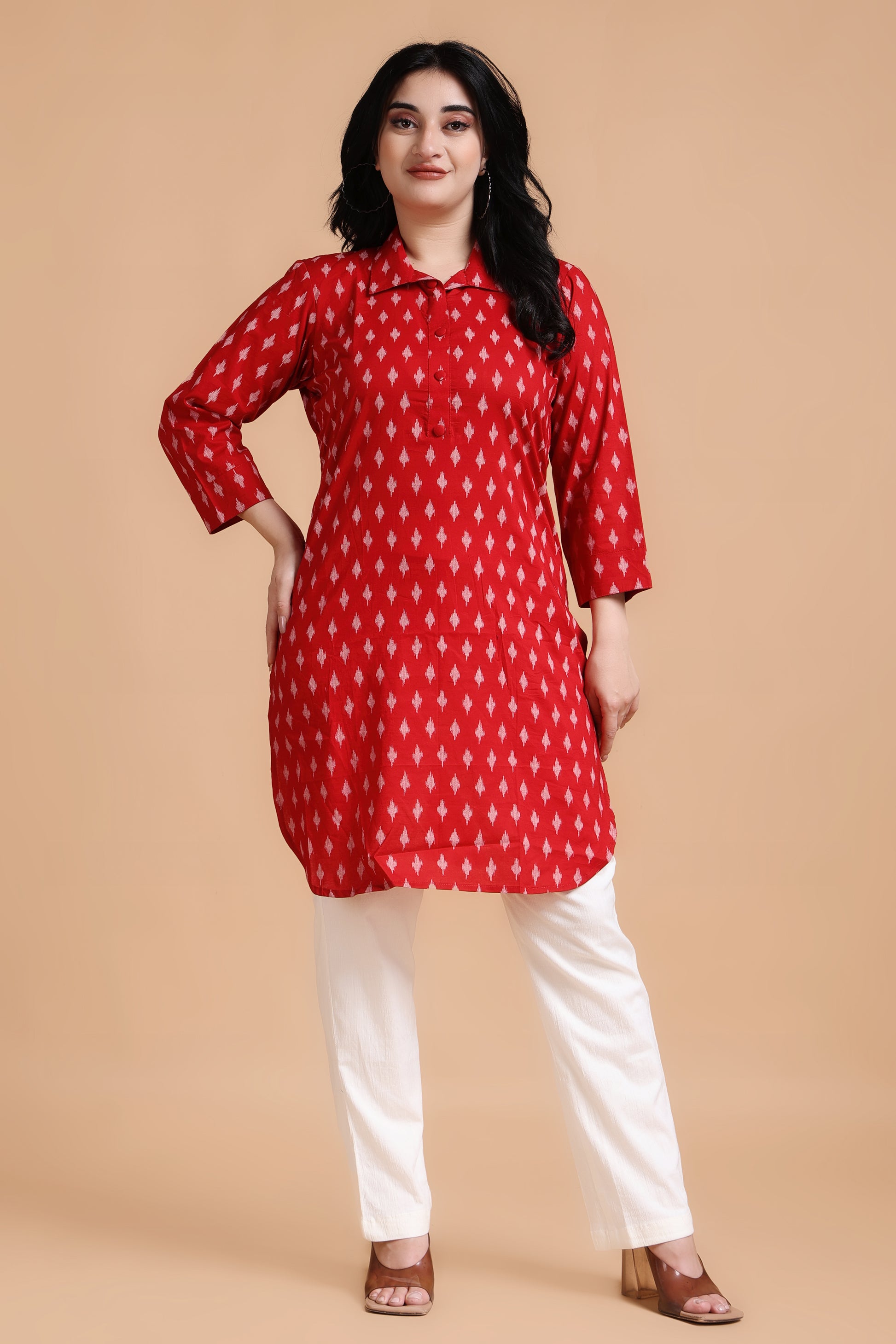 Woman Plus Size Deep Red Cotton Ikat Kurta Media 