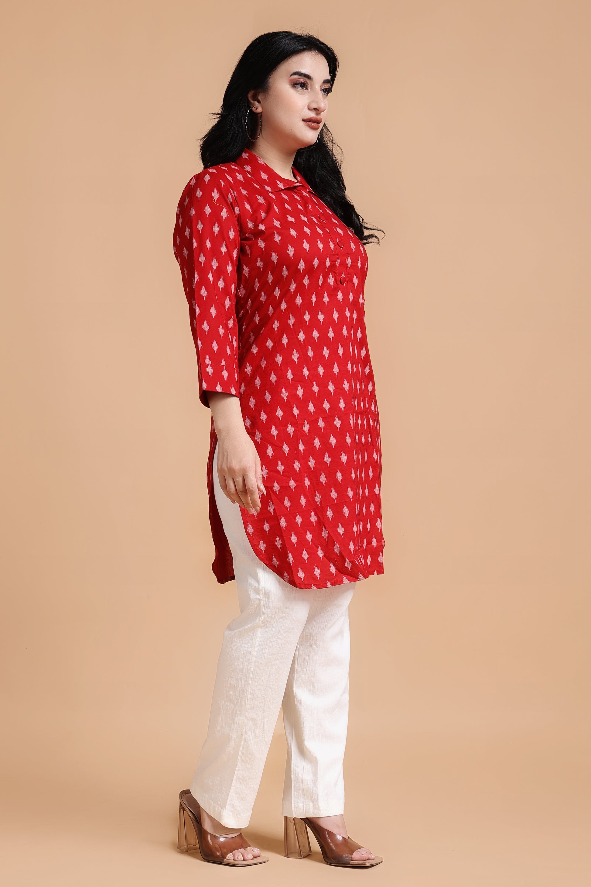 Woman Plus Size Deep Red Cotton Ikat Kurta Media