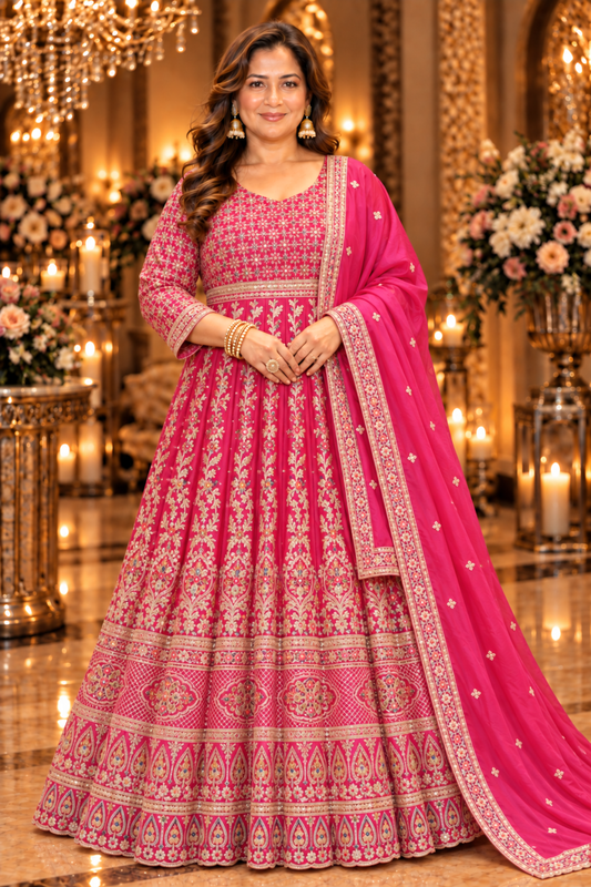 Ilisha Magenta Embroidered Dress With Dupatta