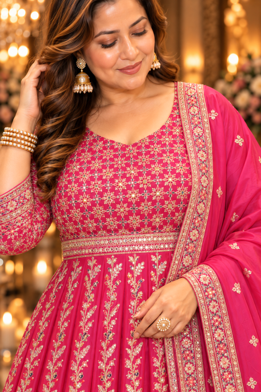 Ilisha Magenta Embroidered Dress With Dupatta