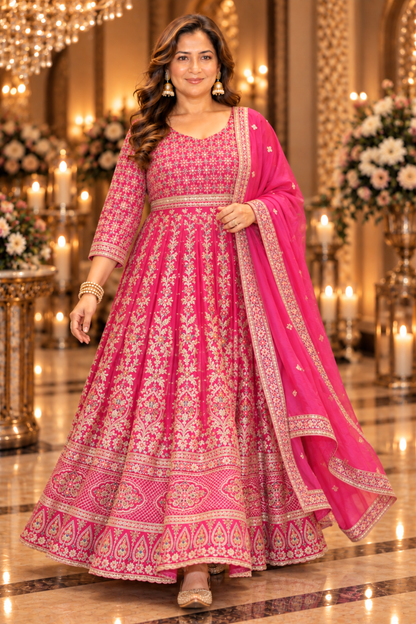 Ilisha Magenta Embroidered Dress With Dupatta