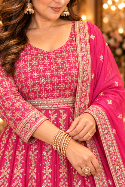 Ilisha Magenta Embroidered Dress With Dupatta