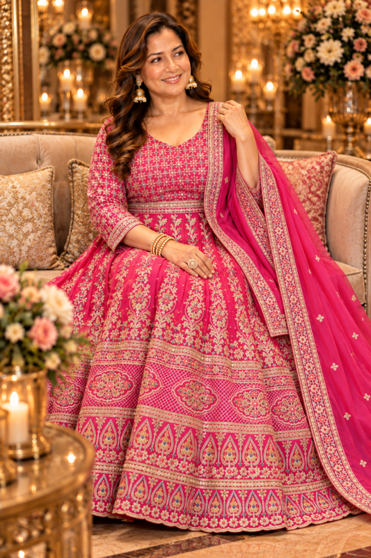 Ilisha Magenta Embroidered Dress With Dupatta