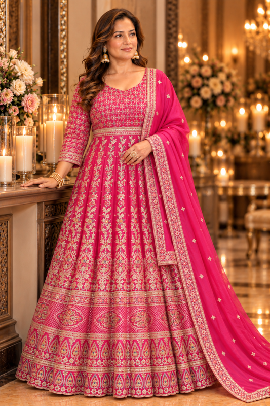 Ilisha Magenta Embroidered Dress With Dupatta