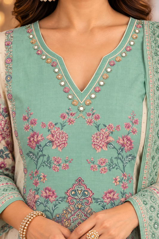 Inaya Karachi Muslin Suit with Mirror Work