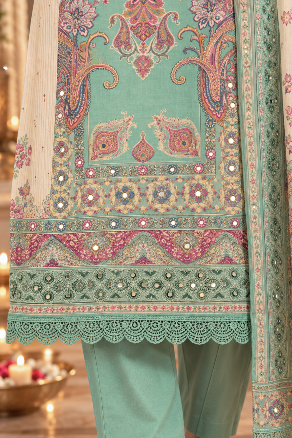 Inaya Karachi Muslin Suit with Mirror Work