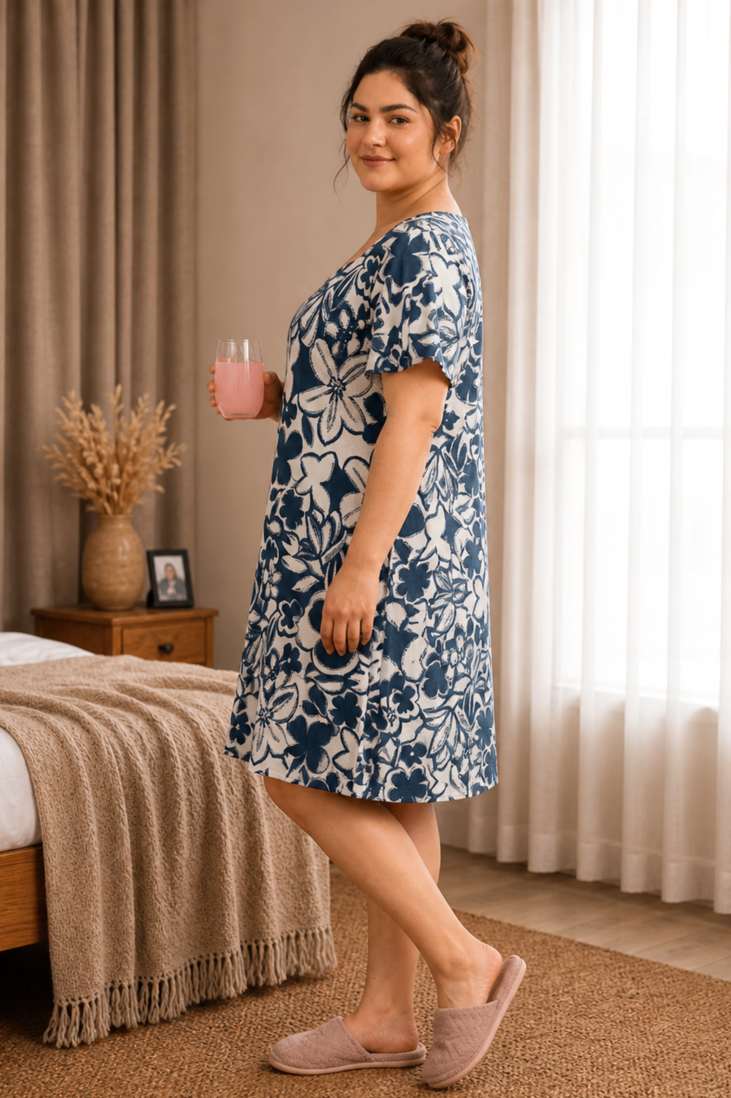 Indigo Floral Rayon Short Night Gown