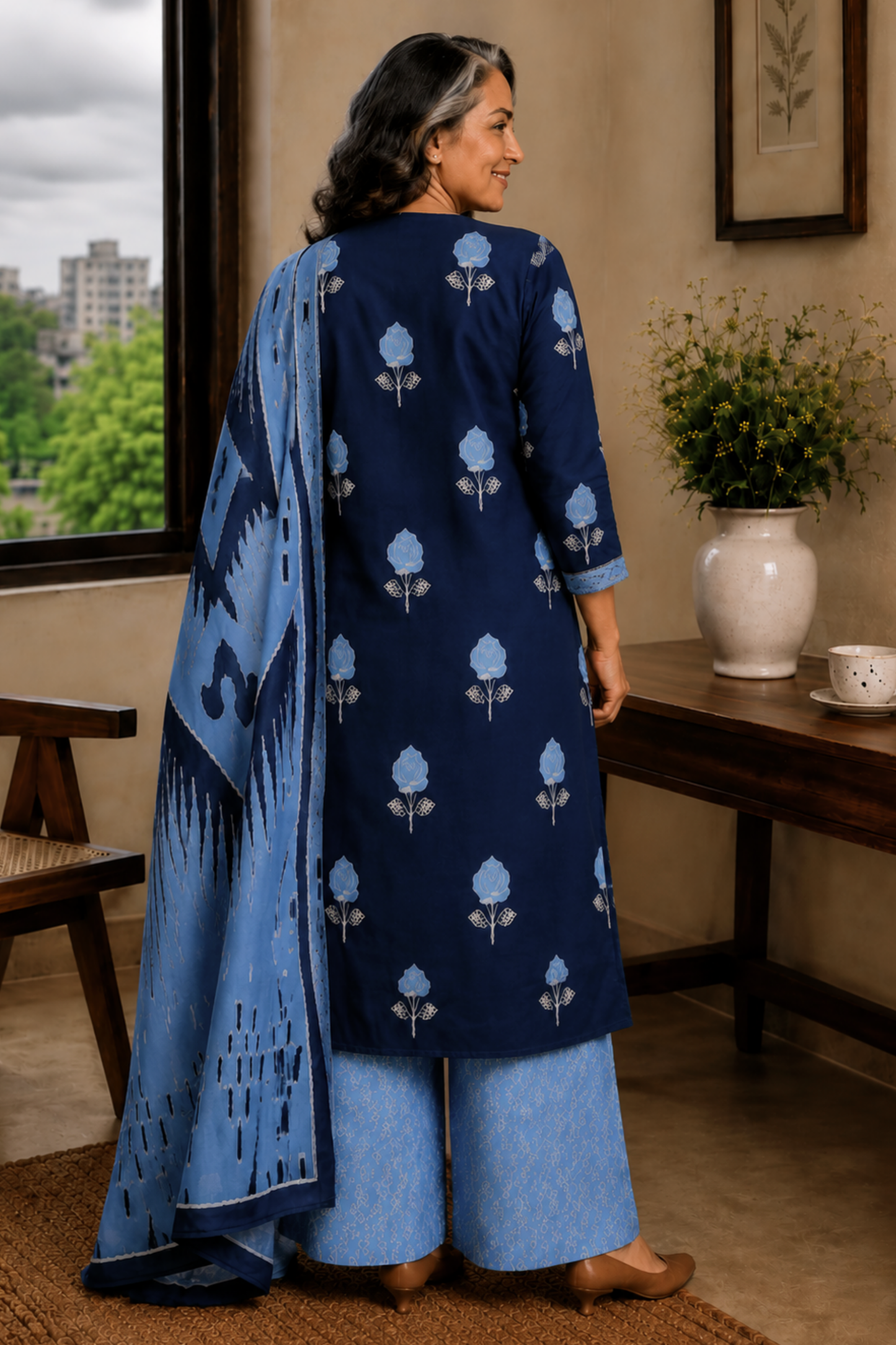 Indigo Poetry Cotton Straight Suit