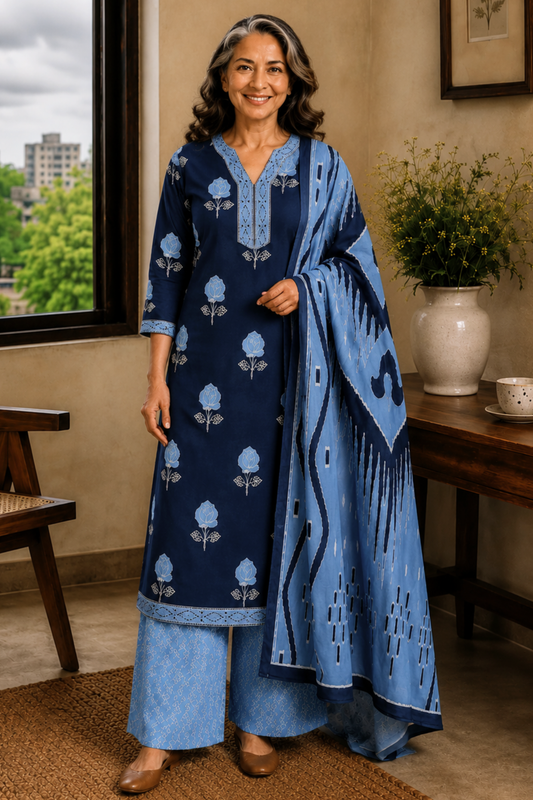 Indigo Poetry Cotton Straight Suit
