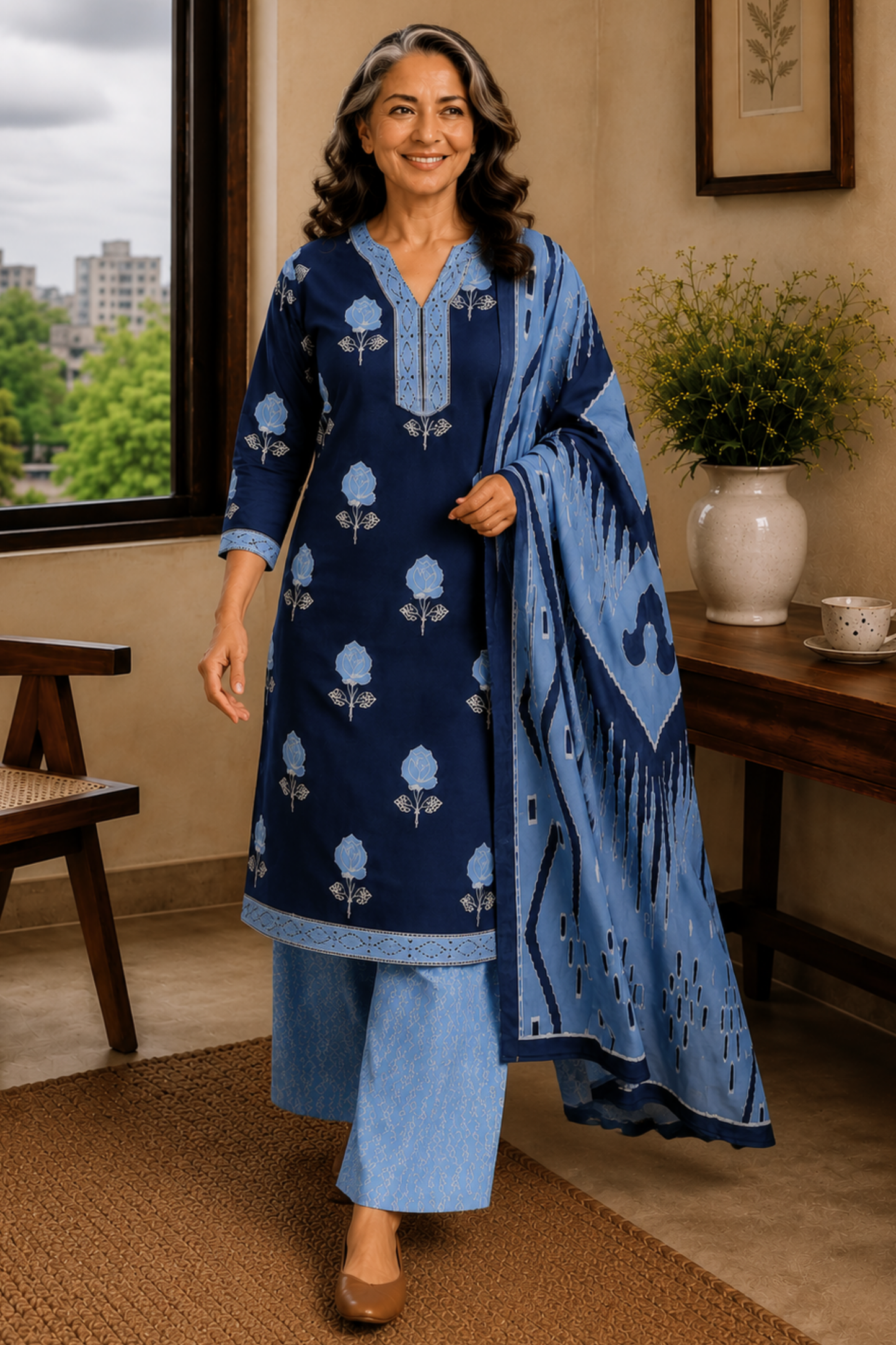 Indigo Poetry Cotton Straight Suit