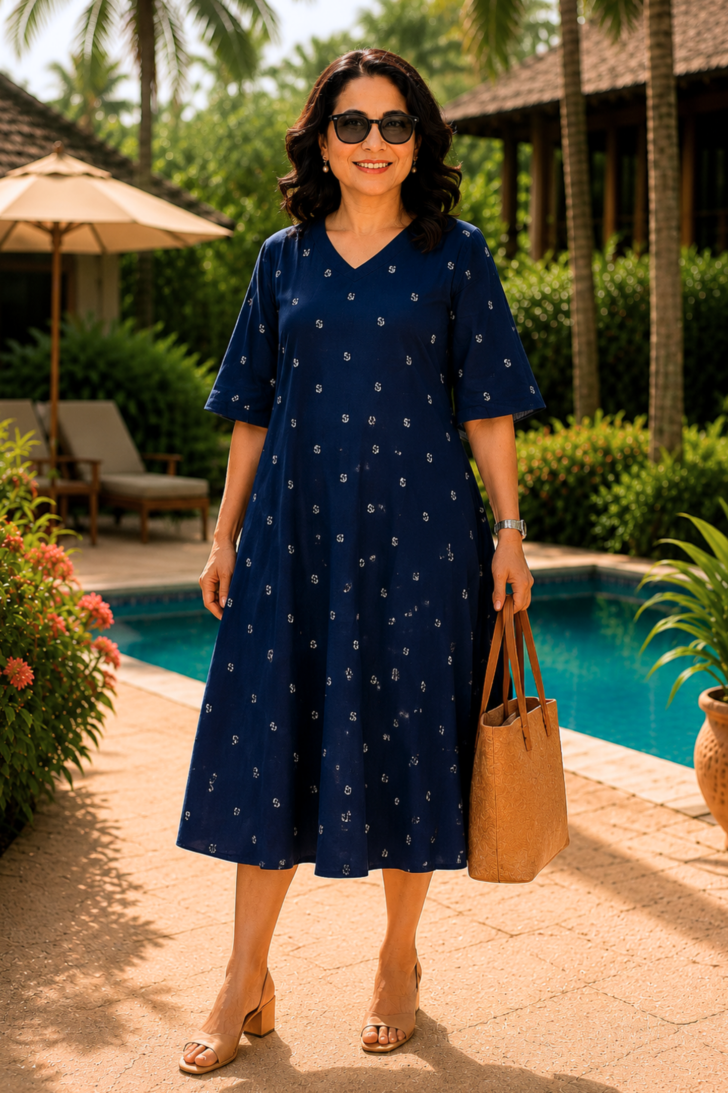 Indigo Reverie Printed Dress With Pockets