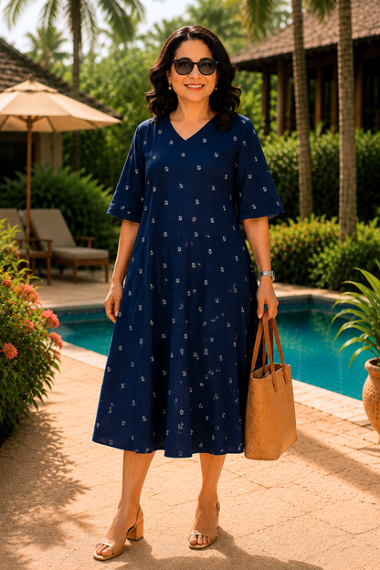 Indigo Reverie Printed Dress With Pockets