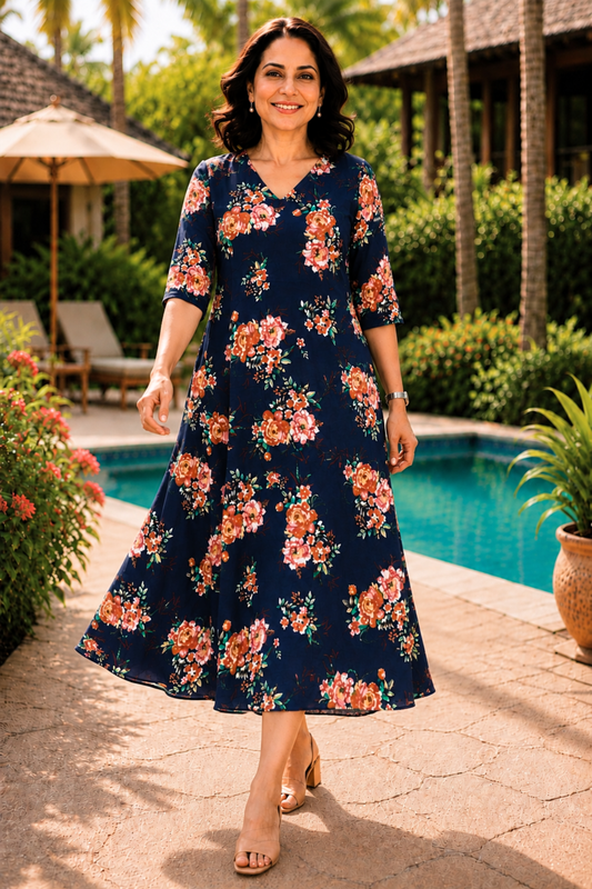 Indigo Rose Printed Dress With Pockets