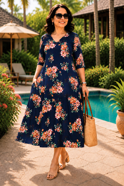 Indigo Rose Printed Dress With Pockets