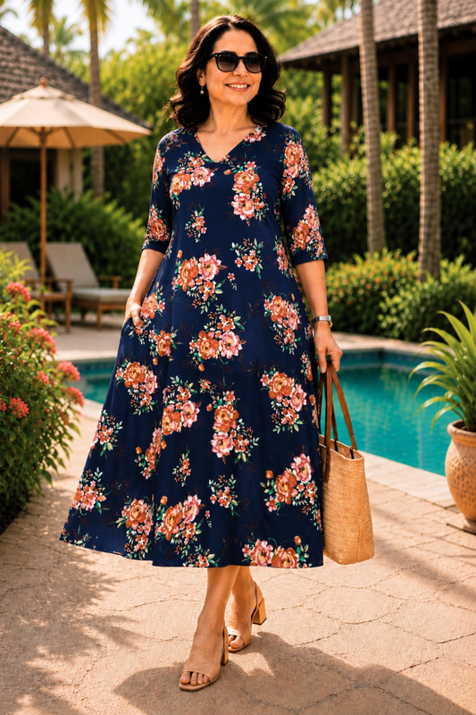 Indigo Rose Printed Dress With Pockets