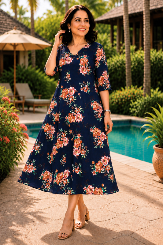 Indigo Rose Printed Dress With Pockets