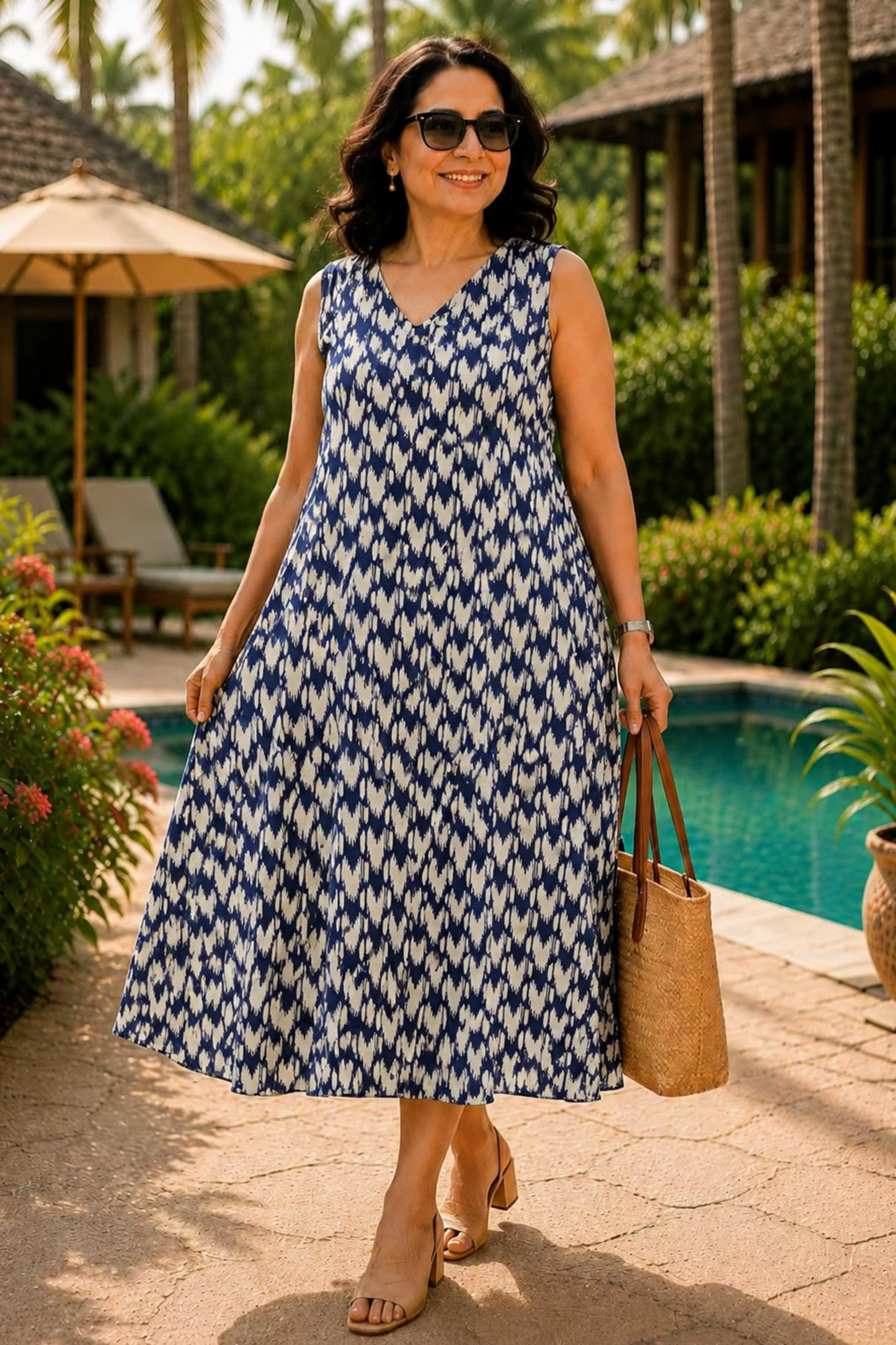 Indigo Wave Printed Dress With Pockets
