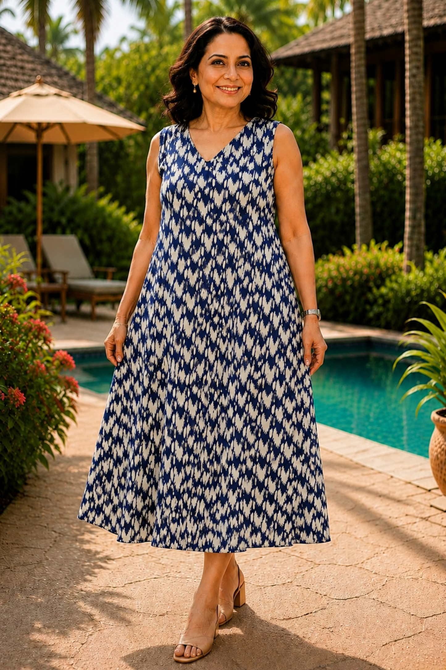 Indigo Wave Printed Dress With Pockets