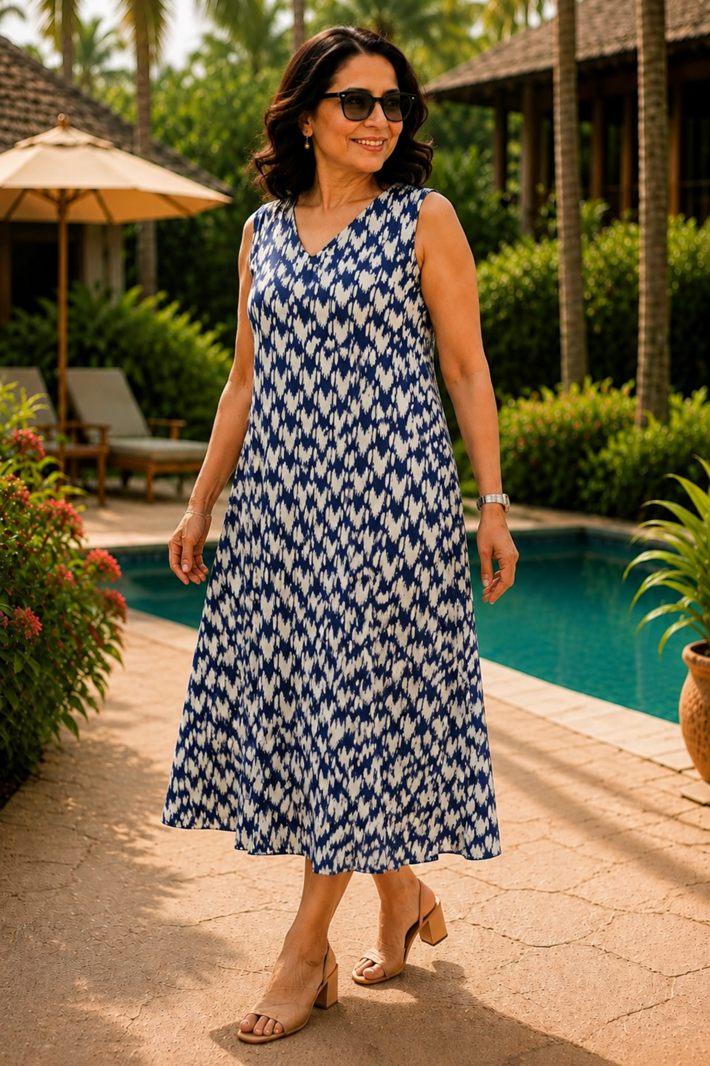 Indigo Wave Printed Dress With Pockets