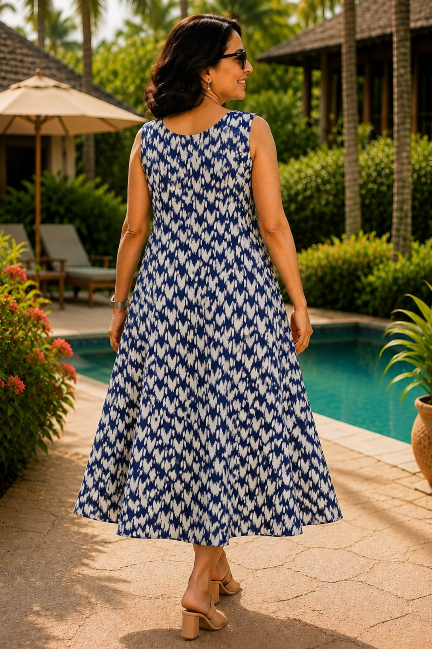 Indigo Wave Printed Dress With Pockets