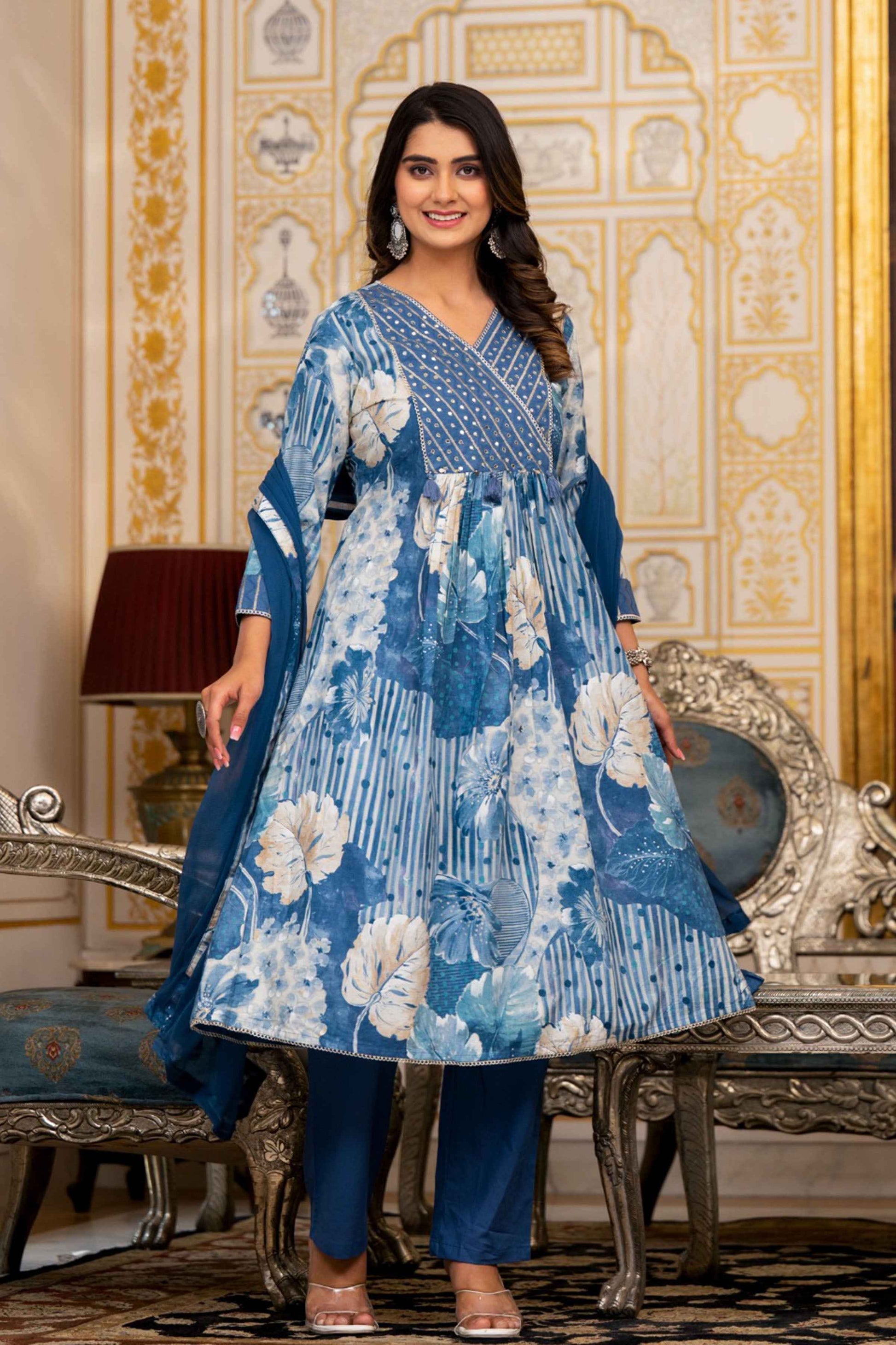 Buy Plus Size Ink Blue Floral Anarkali Set Apella The XS to