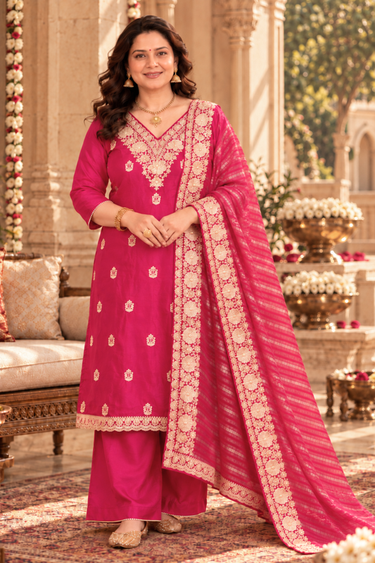 Iresha Magenta Suit Set With Zari Embroidery