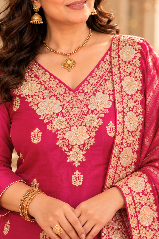 Iresha Magenta Suit Set With Zari Embroidery