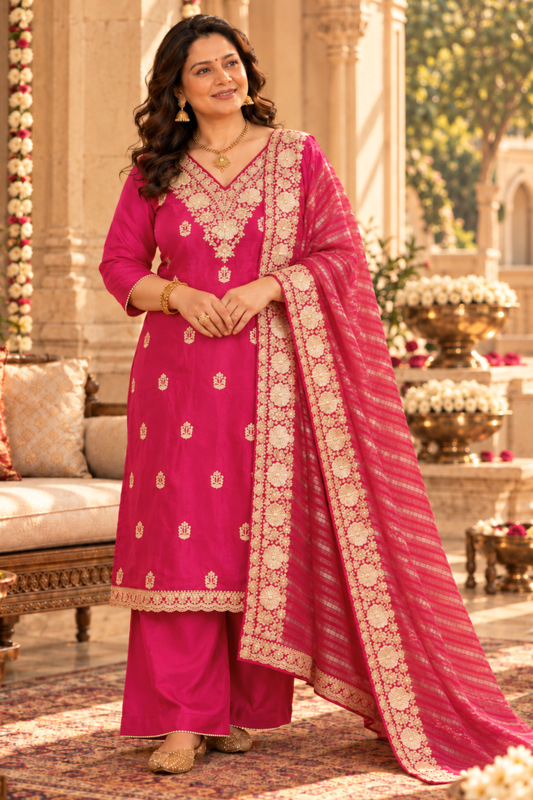 Iresha Magenta Suit Set With Zari Embroidery