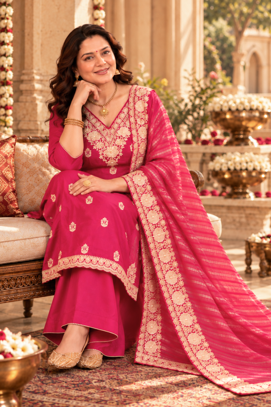 Iresha Magenta Suit Set With Zari Embroidery