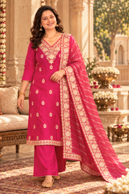 Iresha Magenta Suit Set With Zari Embroidery