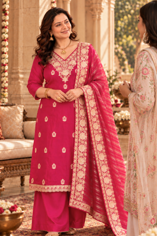 Iresha Magenta Suit Set With Zari Embroidery