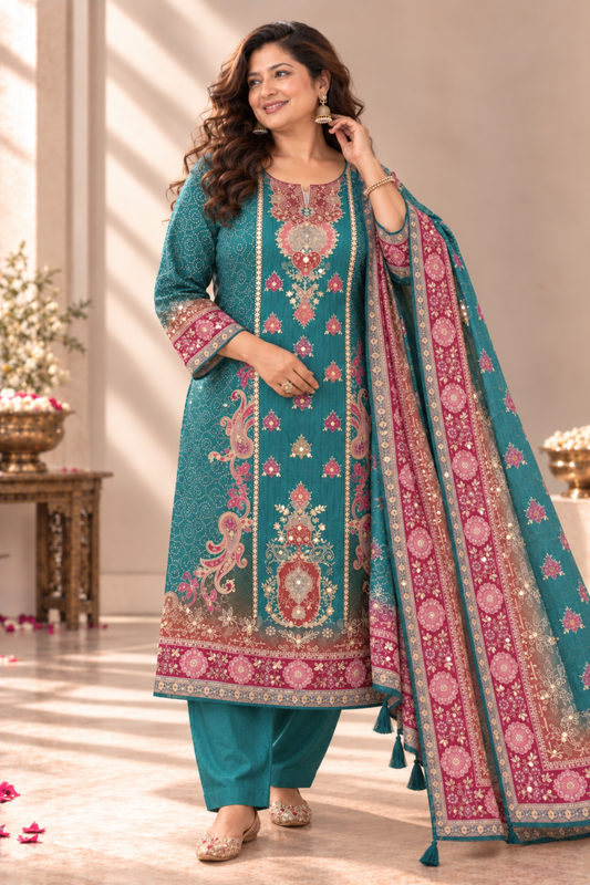 Kashish Teal Muslin Suit With Mirror Work