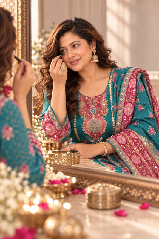 Kashish Teal Muslin Suit With Mirror Work