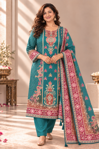 Kashish Teal Muslin Suit With Mirror Work